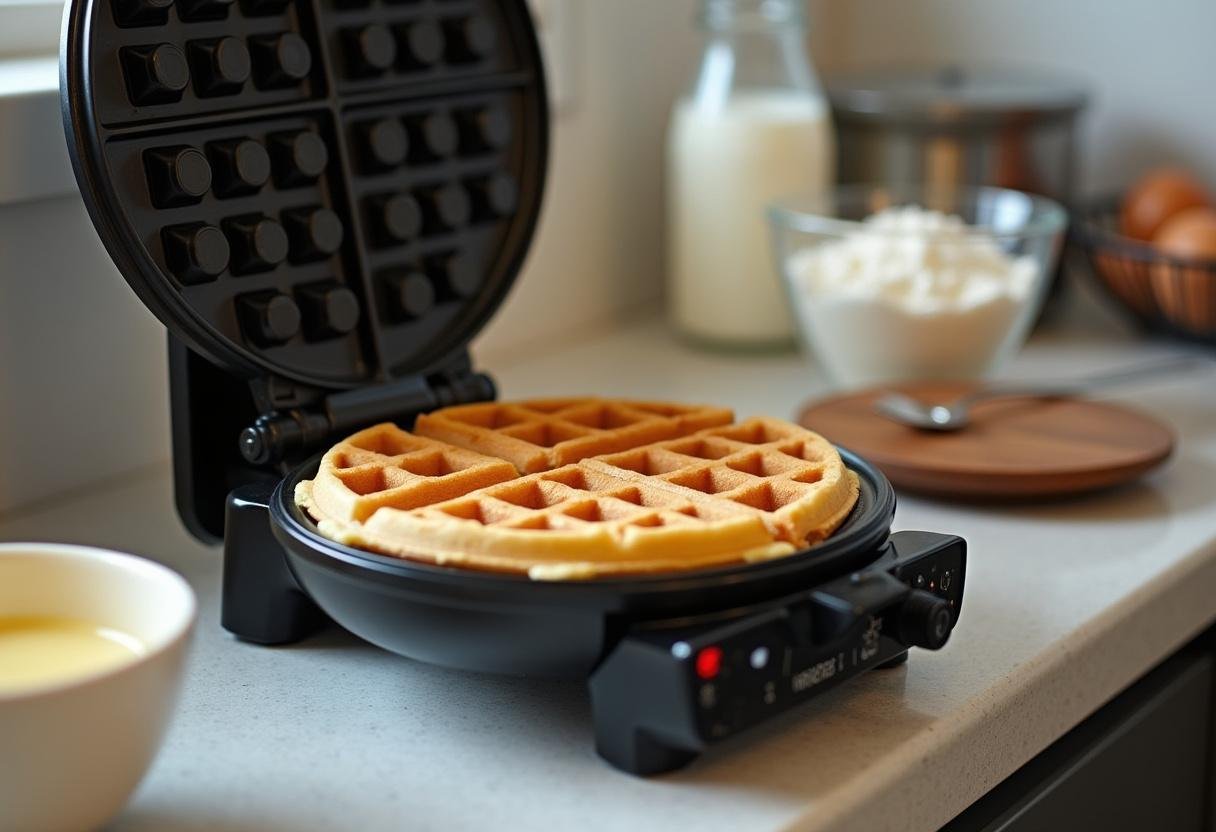 Waffle iron preheating with ingredients for Stranger Things Morningside Waffles.