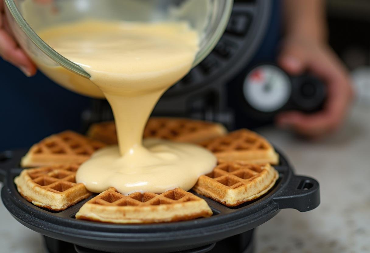 Waffle batter being poured into the waffle iron for Morningside Waffles.