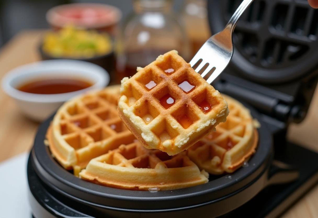 Golden-brown Morningside Waffle being lifted from the waffle iron.