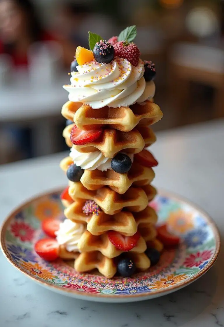 Finished Stranger Things Waffle Tower with vibrant toppings, perfect for a themed breakfast.