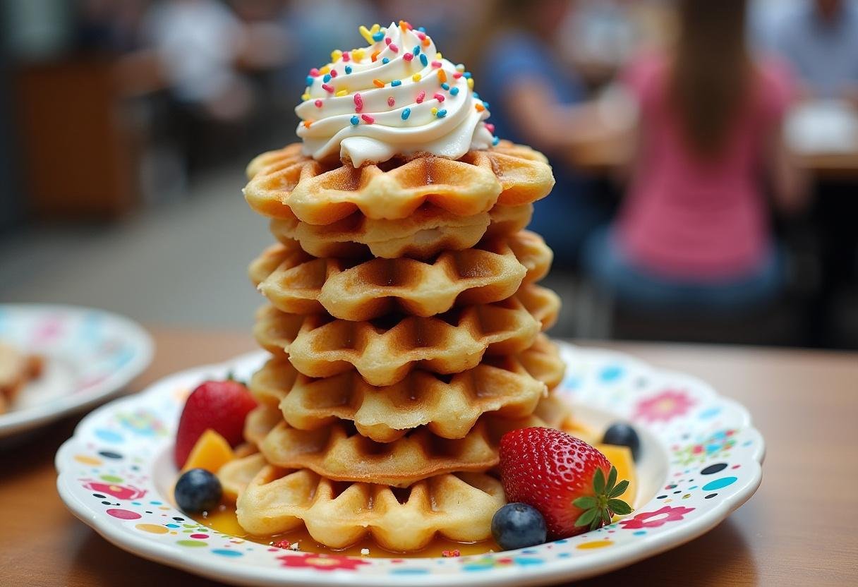 Finished Stranger Things Waffle Tower with vibrant toppings, perfect for a themed breakfast.