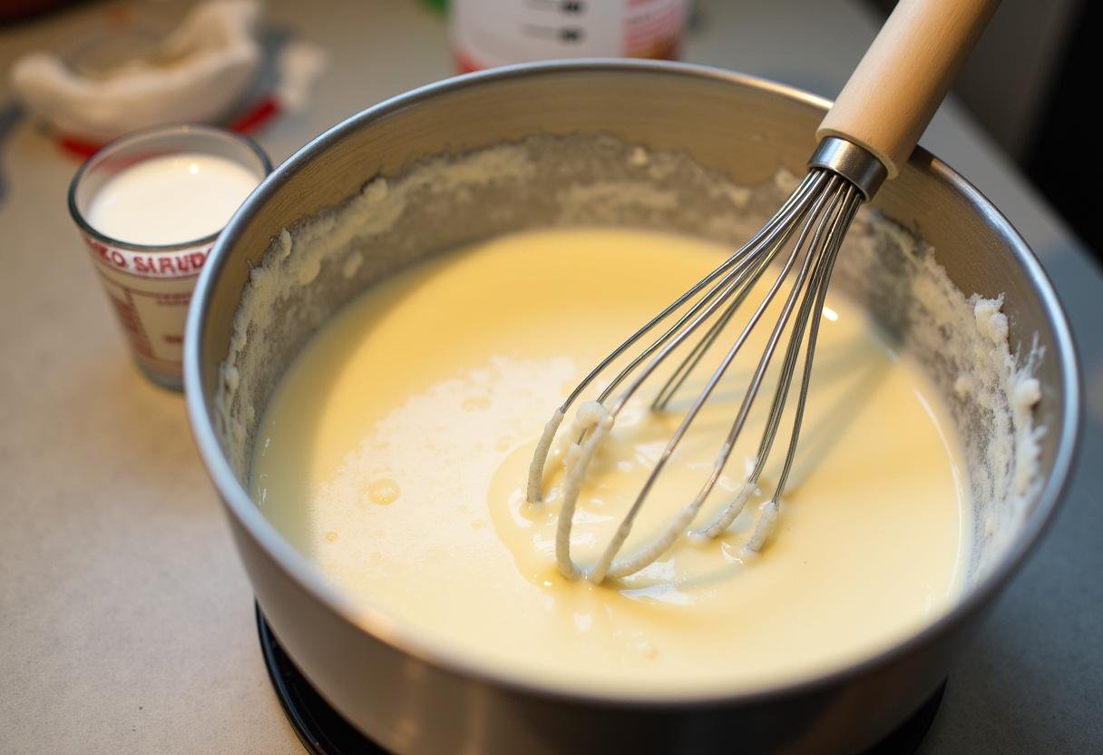 Waffle batter being prepared for a Stranger Things Waffle Tower recipe.