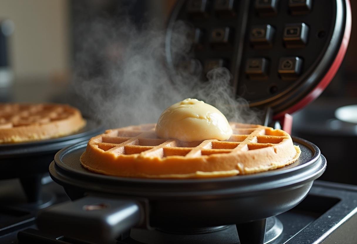 Waffle batter cooking in a waffle iron for the Stranger Things Waffle Tower.