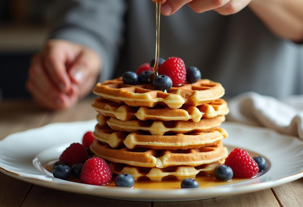 Stacking freshly made waffles for the Stranger Things Waffle Tower display.