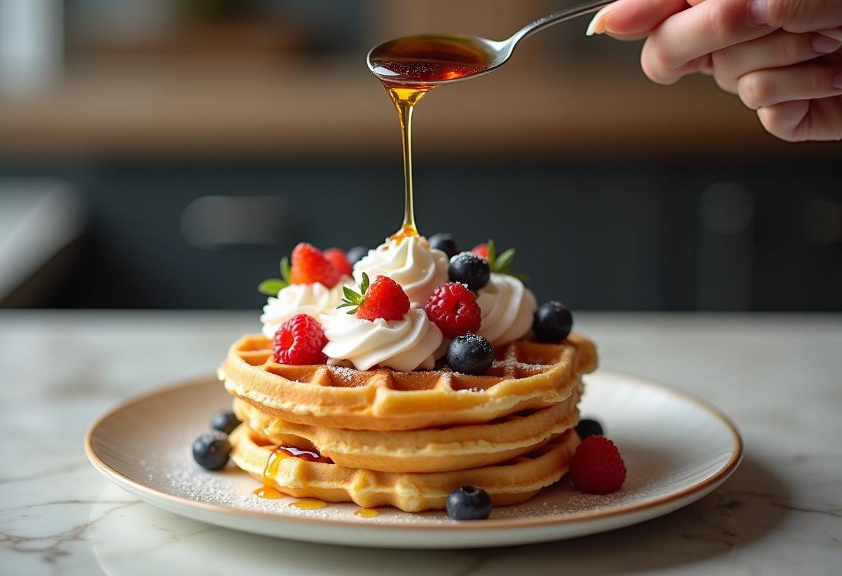 Drizzling syrup over the waffle tower for the Stranger Things themed meal.