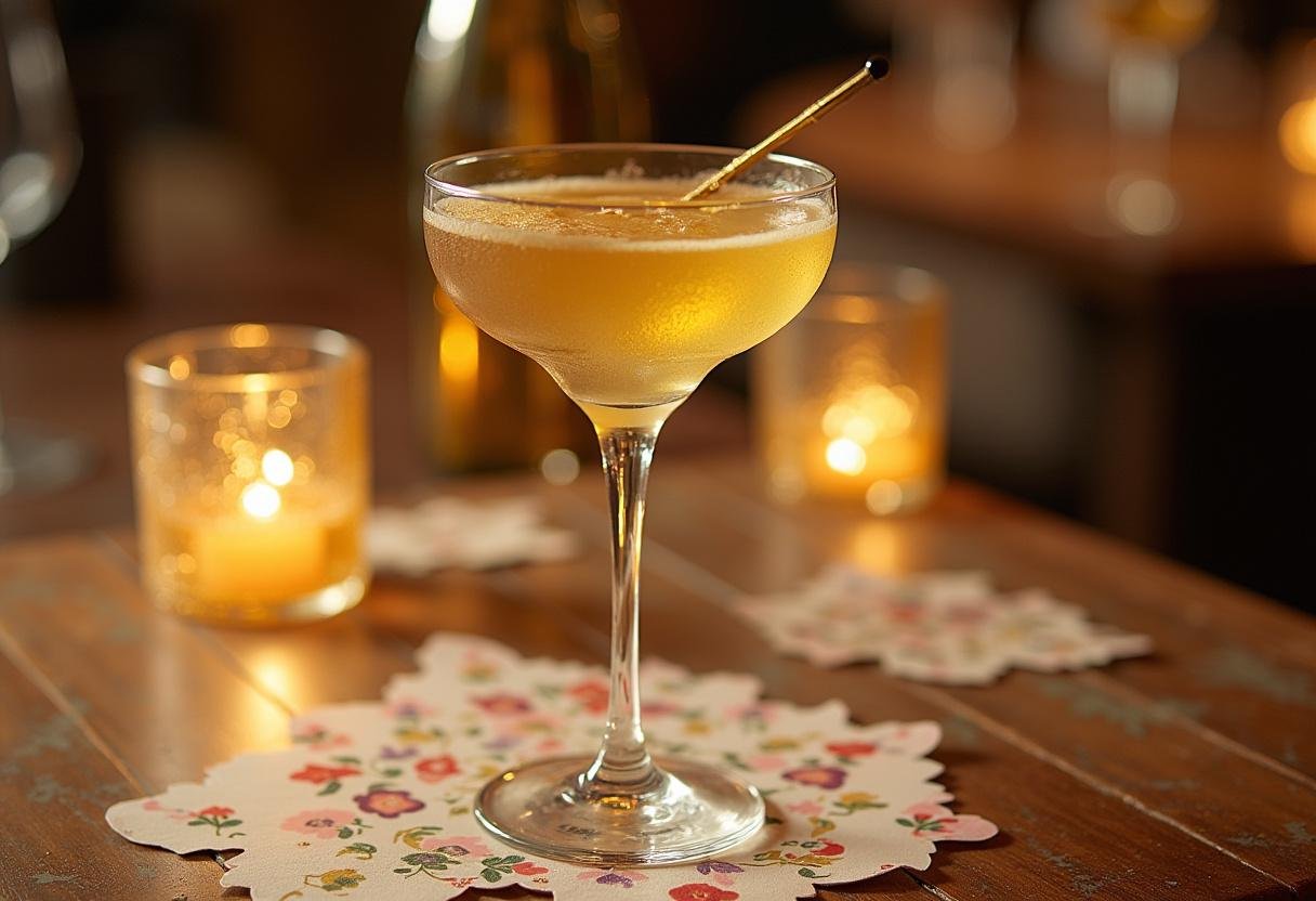 Finished Succession Champagne Cocktail served elegantly for a festive occasion.
