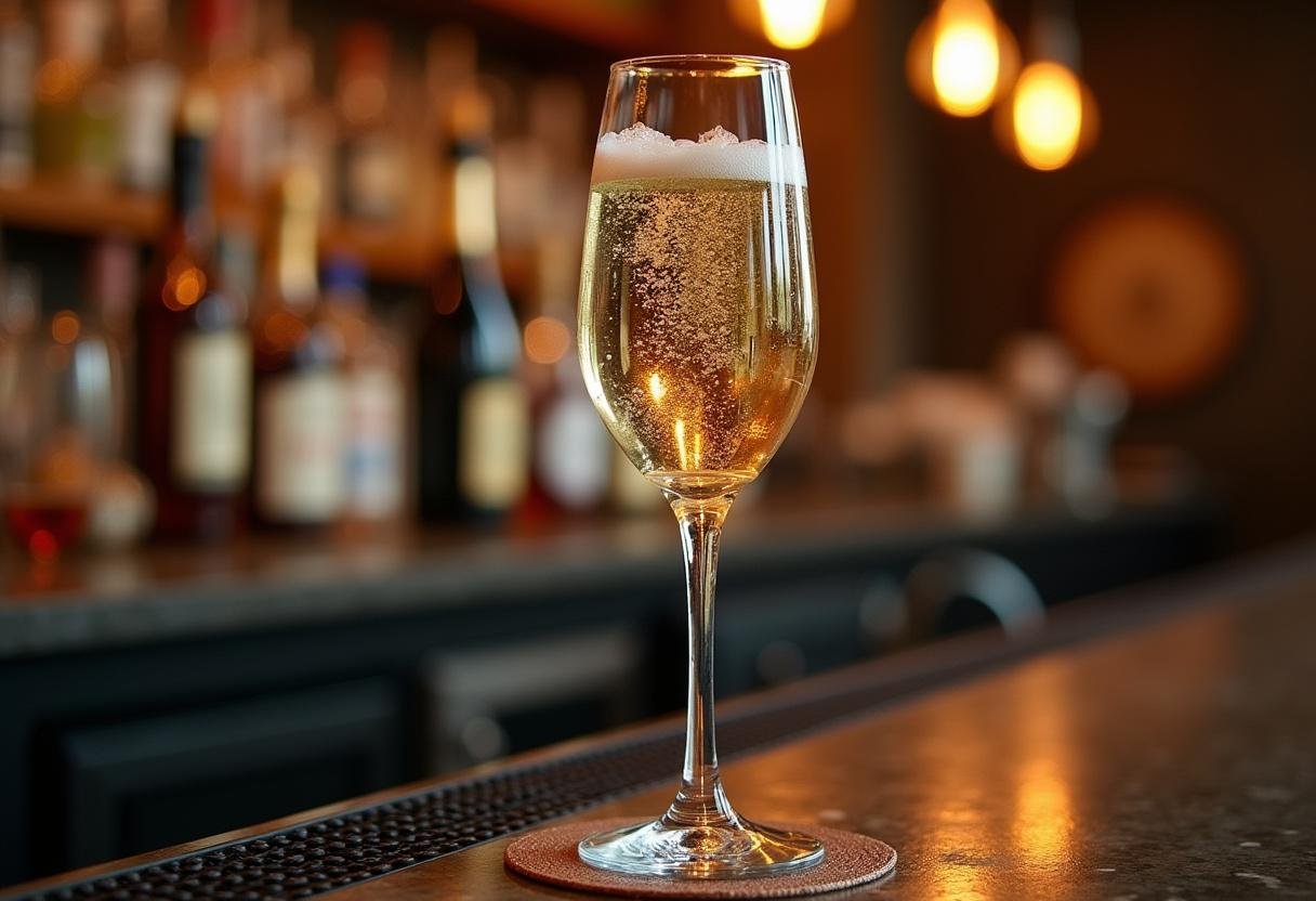 Chilled champagne flute ready for making a Succession Champagne Cocktail.