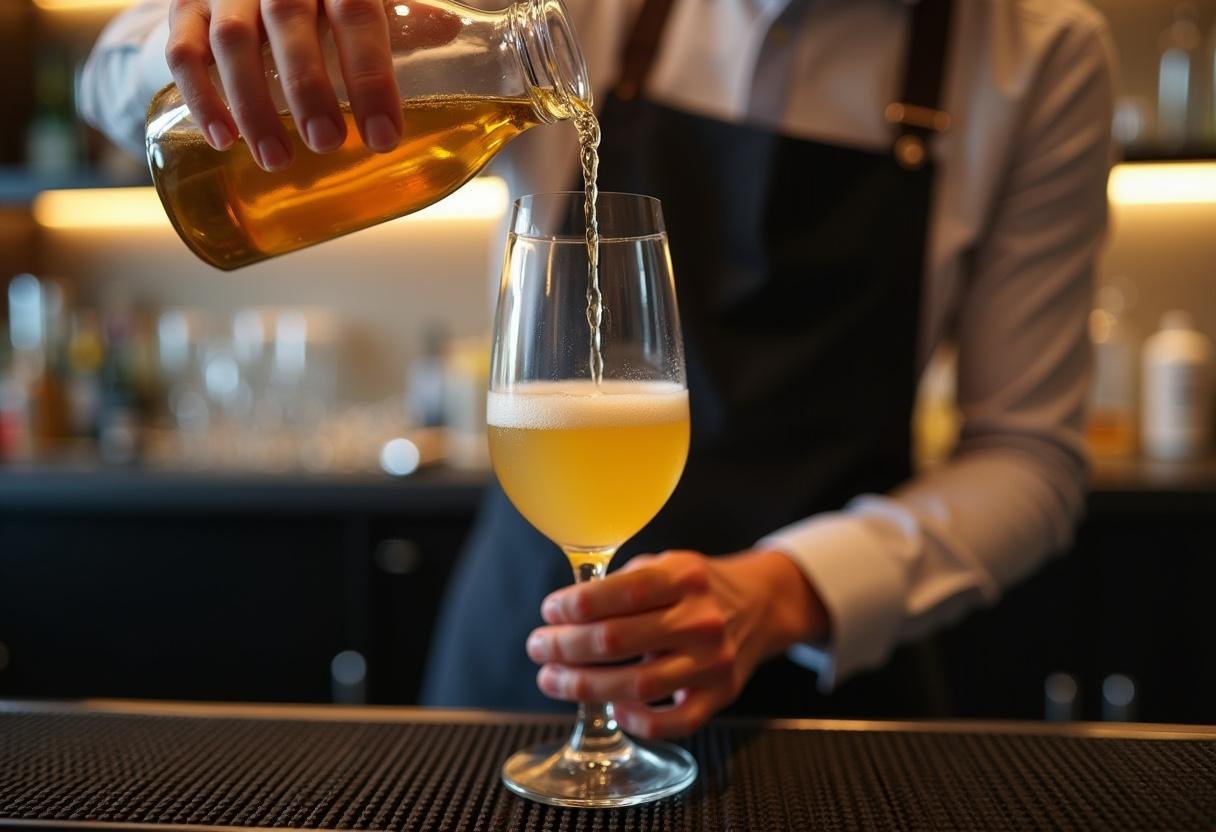 Elderflower liqueur being poured into a champagne flute for Succession Champagne Cocktail.