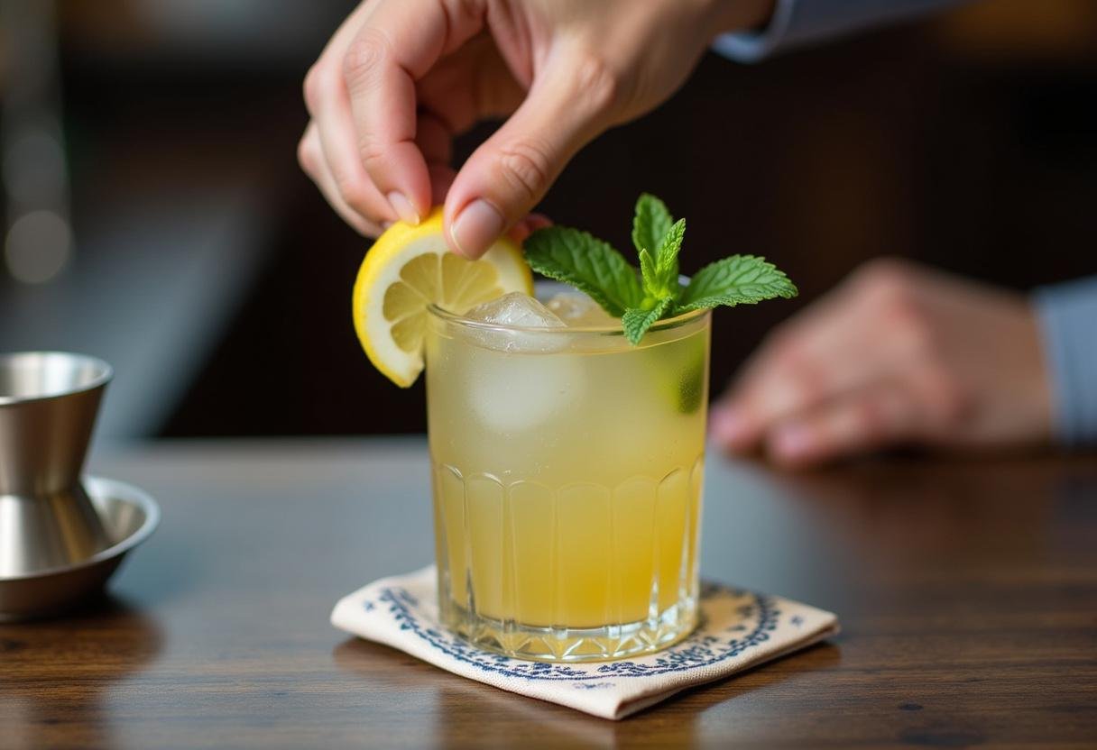 Garnishing the Succession Champagne Cocktail with lemon and mint.