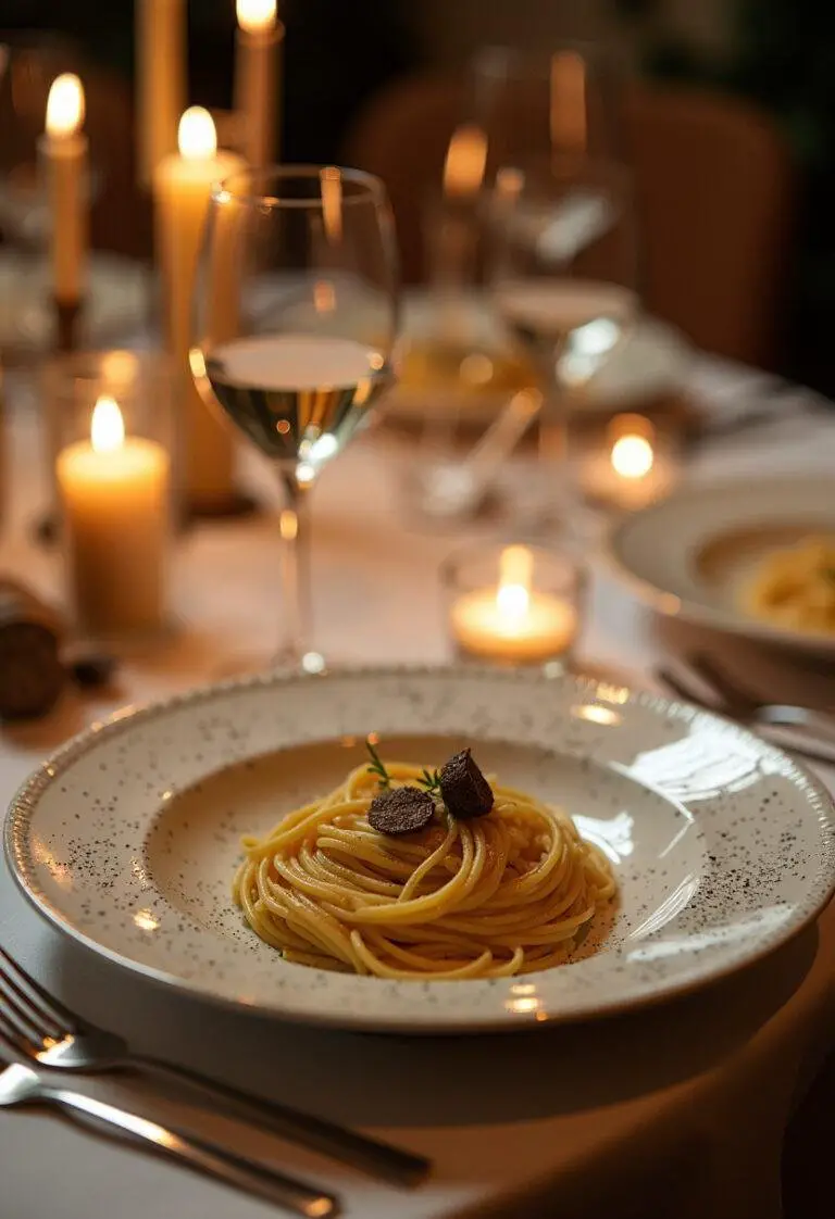 Complete setup of Succession Truffle Pasta ready to impress guests at a luxurious dinner.