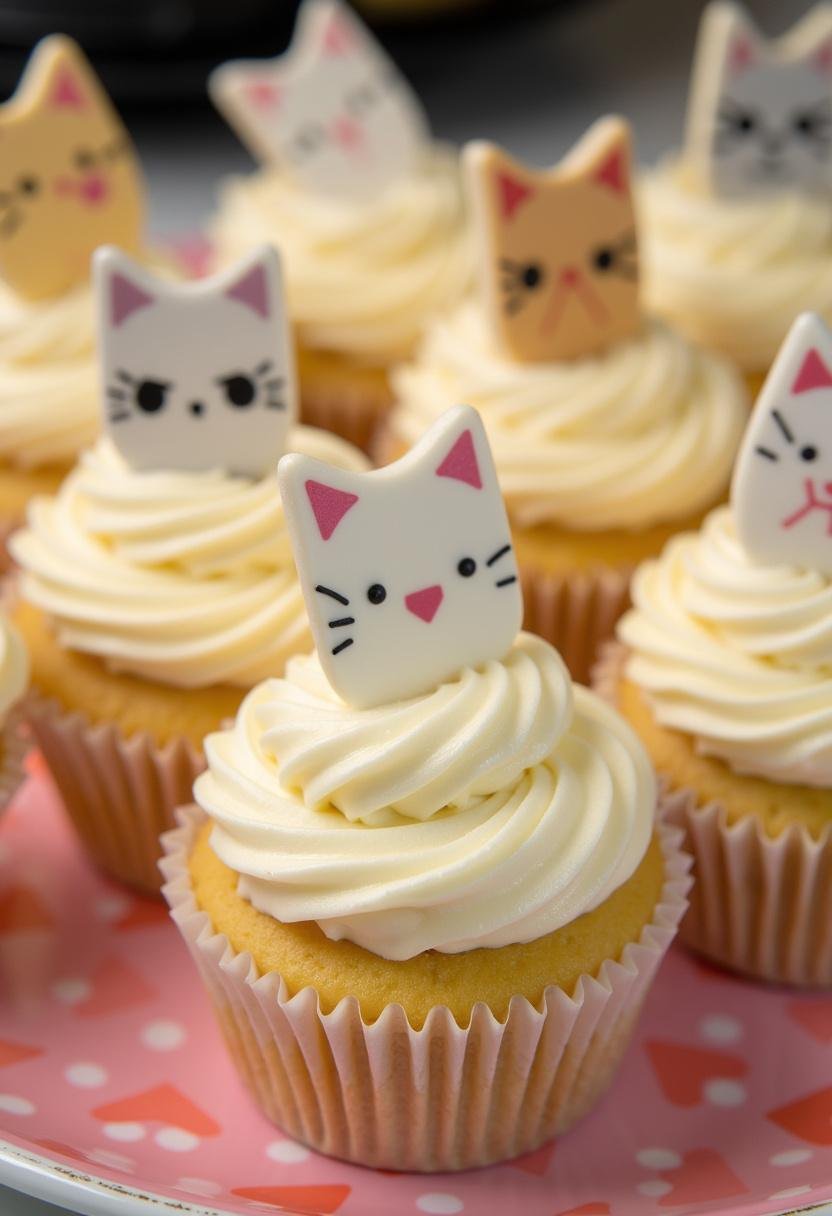 Finished Soft Kitty Cupcakes with frosting and cat-themed decorations, perfect for fans of The Big Bang Theory.