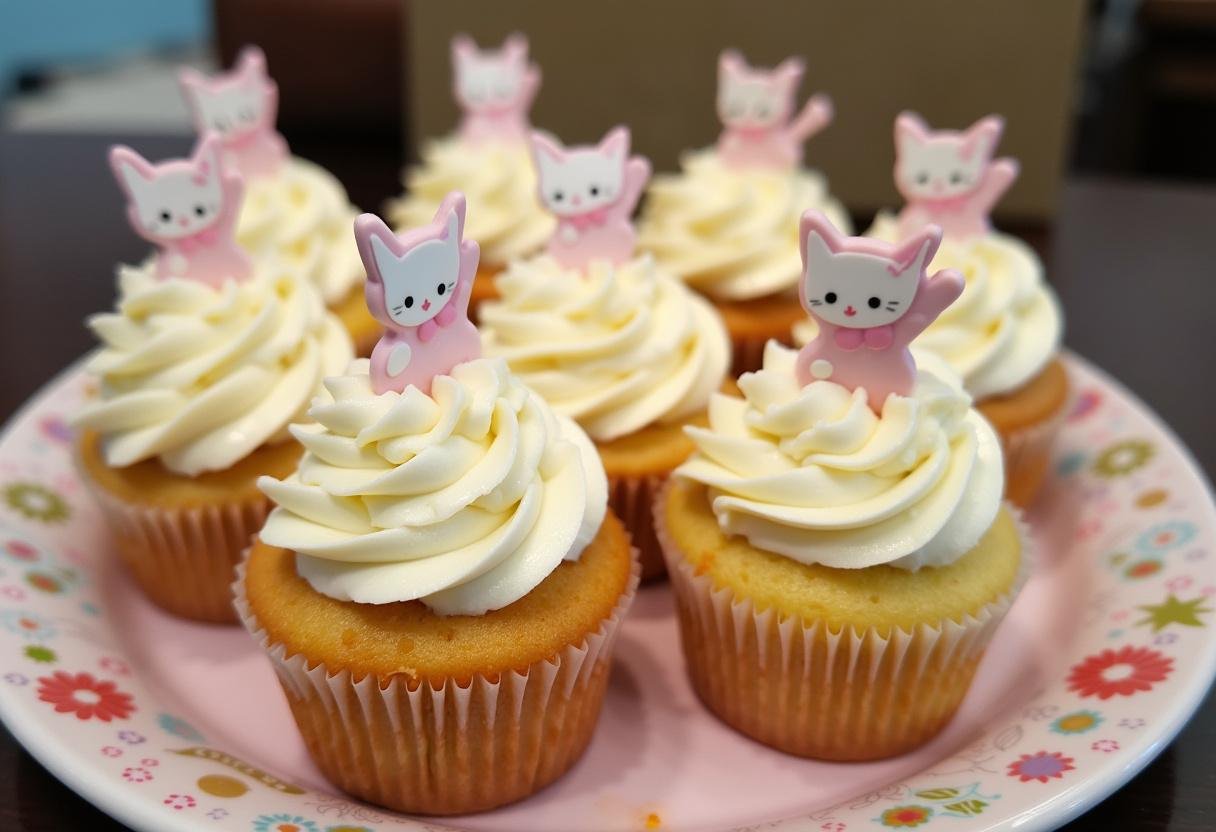 Finished Soft Kitty Cupcakes with frosting and cat-themed decorations, perfect for fans of The Big Bang Theory.