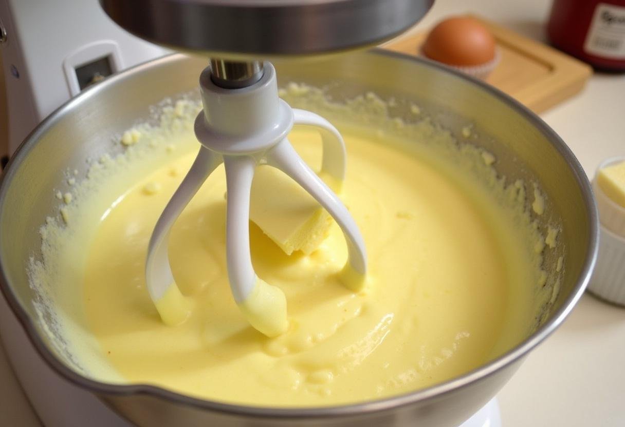 Butter being mixed for Soft Kitty Cupcake batter preparation, showcasing the creamy texture.