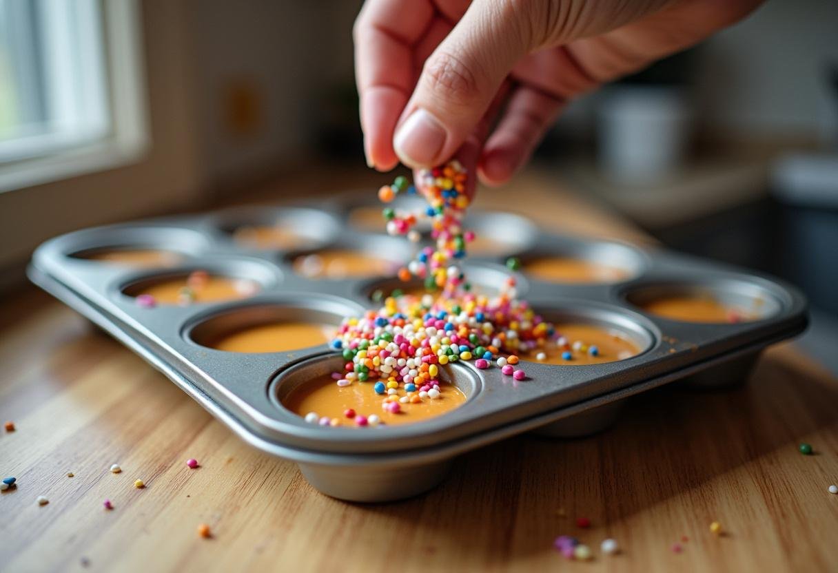 Cupcake tray filled with Soft Kitty Cupcake batter and colorful sprinkles before baking.