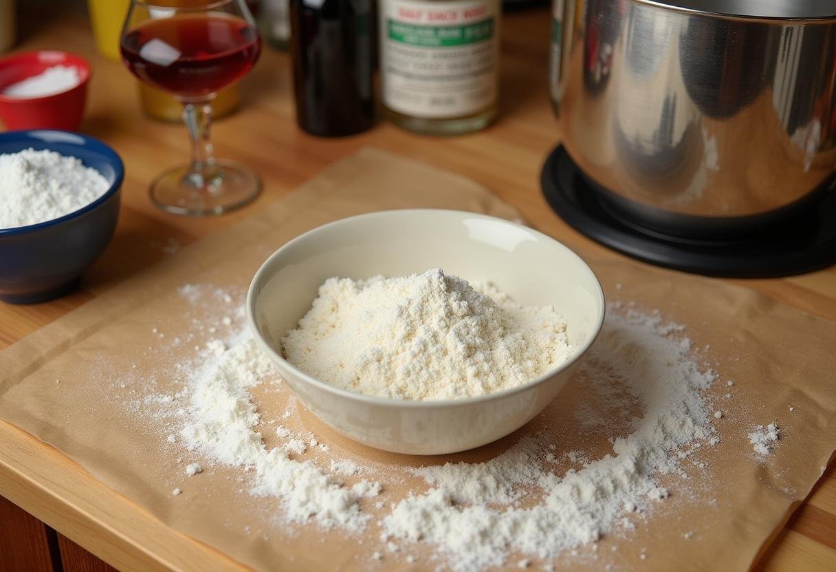 Ingredients for Big Lebowski Cocktail Cake displayed in a kitchen, showcasing flour and sugar preparations.