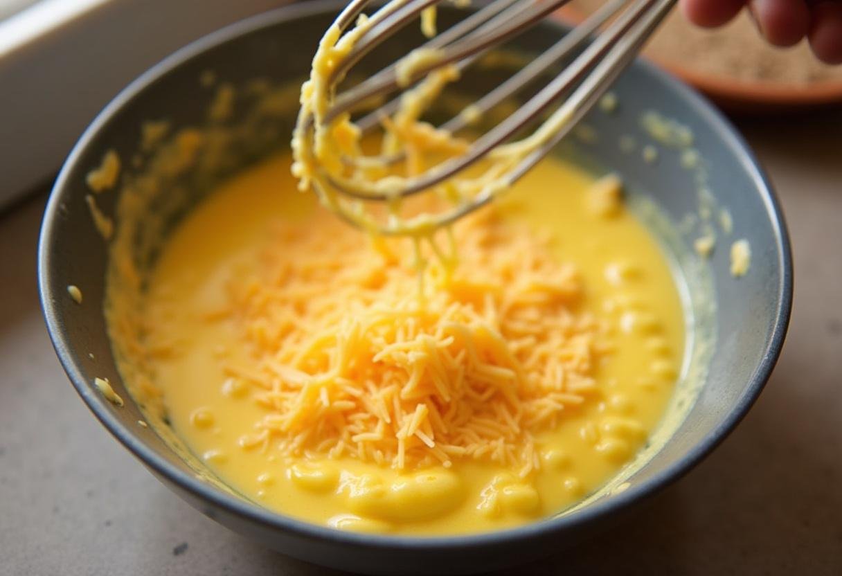 Scrambled eggs mixed with cheese for Breakfast Club Loaded Breakfast Burritos.