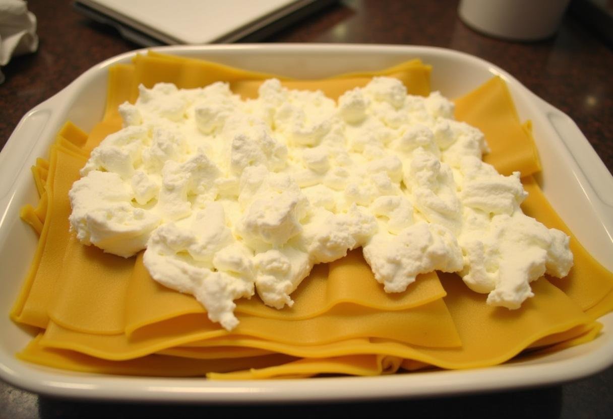 Layering pasta sheets and spreading ricotta cheese for The Godfather Sicilian Lasagna.