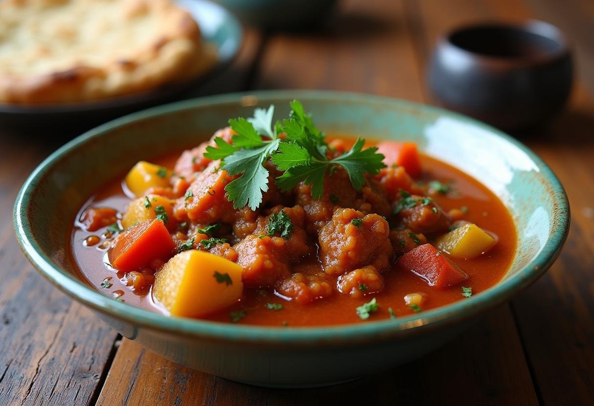 Finished African-inspired stew with cilantro and flatbread, ready to serve.