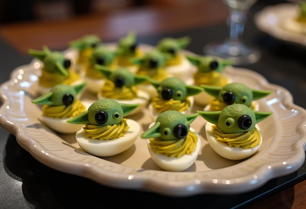Finished The Mandalorian Baby Yoda Deviled Eggs, creatively decorated for a Star Wars party.