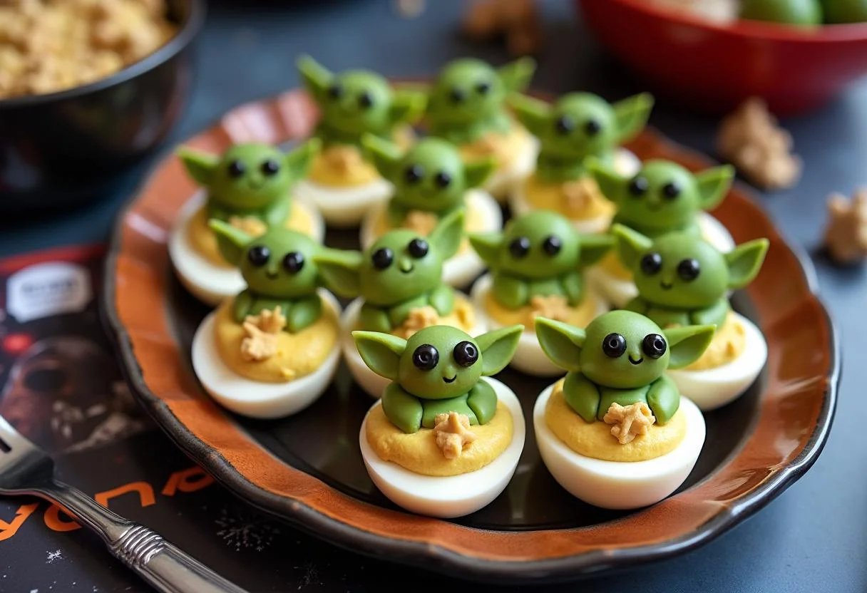 Finished The Mandalorian Baby Yoda Deviled Eggs, creatively decorated for a Star Wars party.