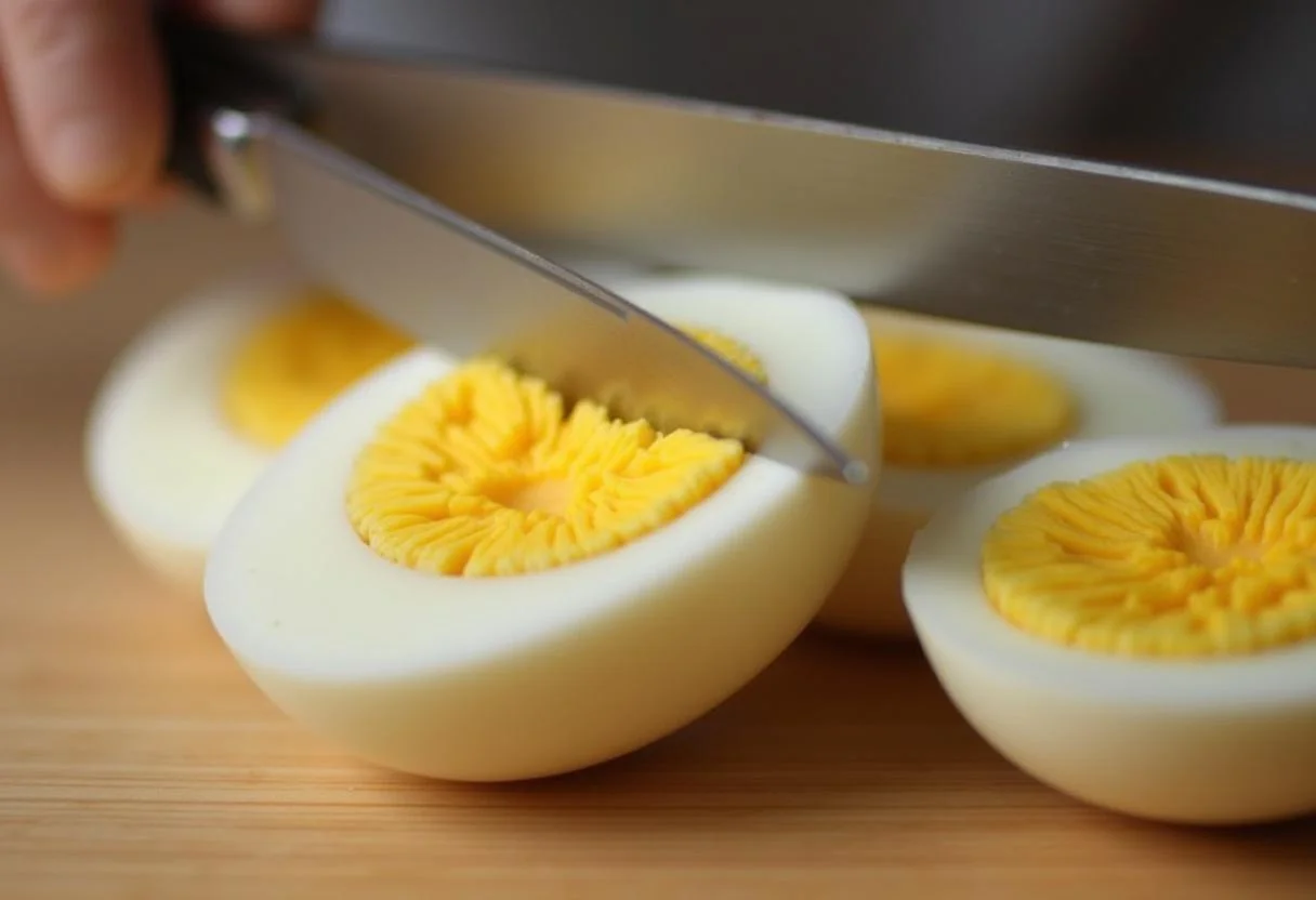 Slicing hard-boiled eggs for The Mandalorian Baby Yoda Deviled Eggs.