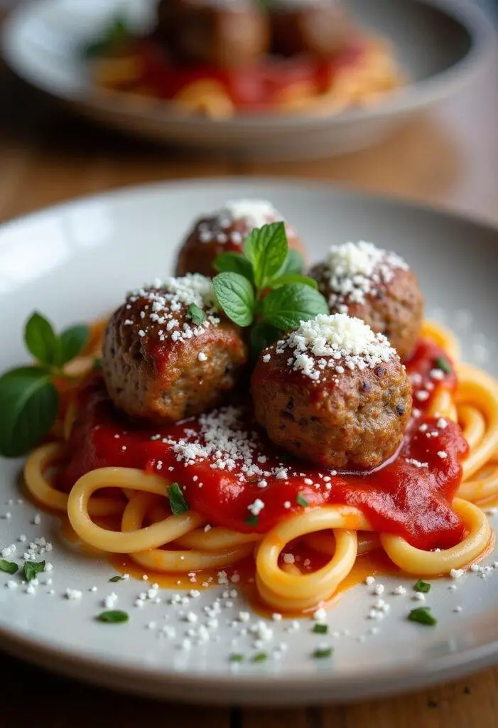 Delicious Mandalorian Mando Meatballs plated with marinara sauce and cheese, ready to enjoy.