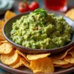 Stylish presentation of The Matrix Code Green Guacamole with chips, ideal for gatherings.