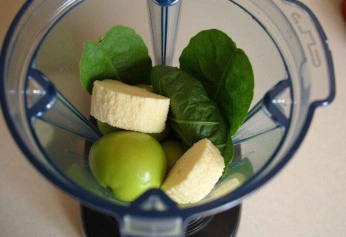 Blender filled with spinach, green apples, and bananas for The Matrix Green Energy Smoothie.