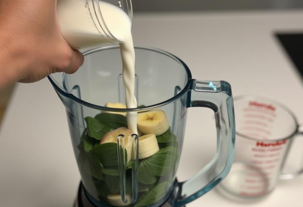 Almond milk being added to the blender for The Matrix Green Energy Smoothie.