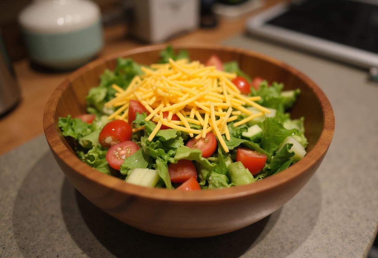 Fresh ingredients for Meredith's Taco Salad including lettuce, tomatoes, and cheese.