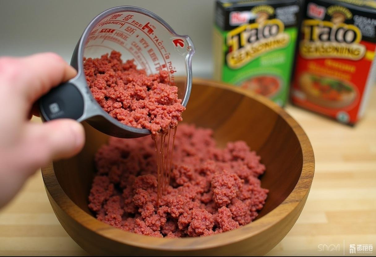 Adding seasoned ground beef to the fresh ingredients for Meredith's Taco Salad.