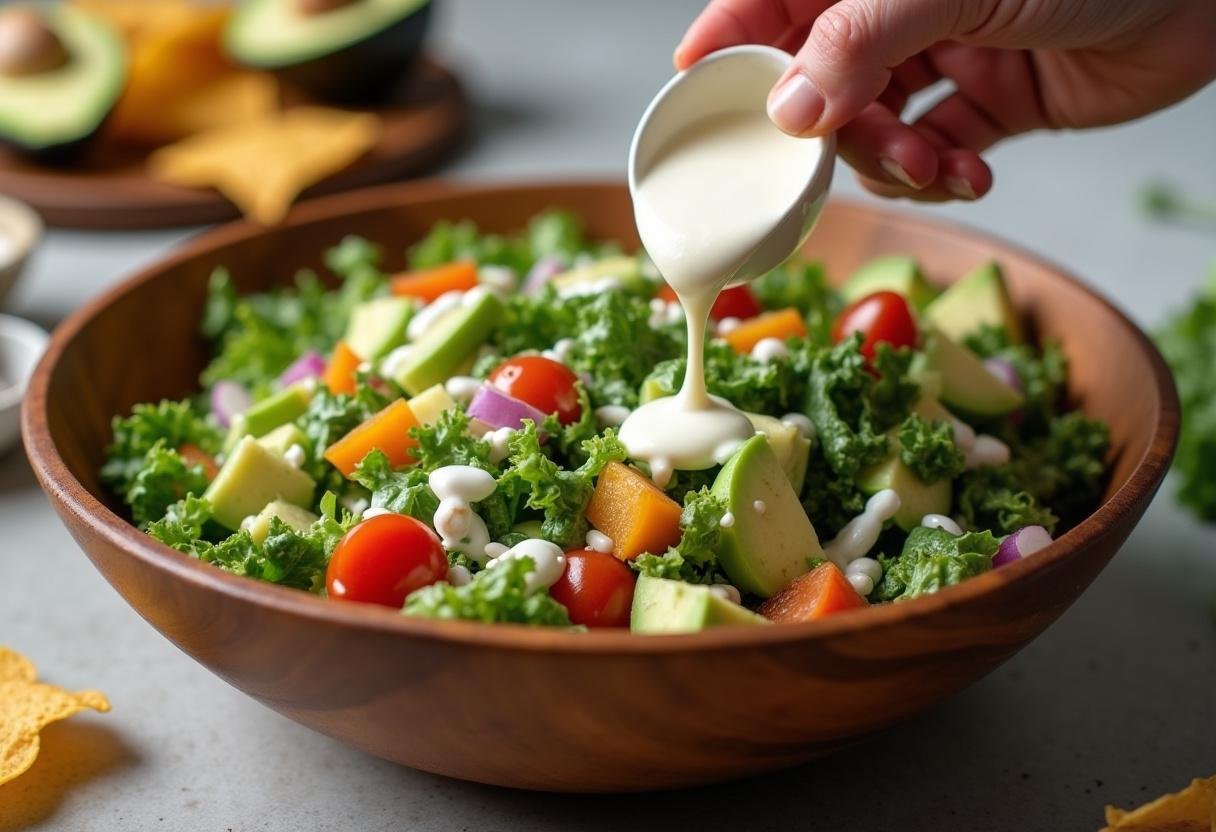Ranch dressing being added to Meredith's Taco Salad for extra flavor.