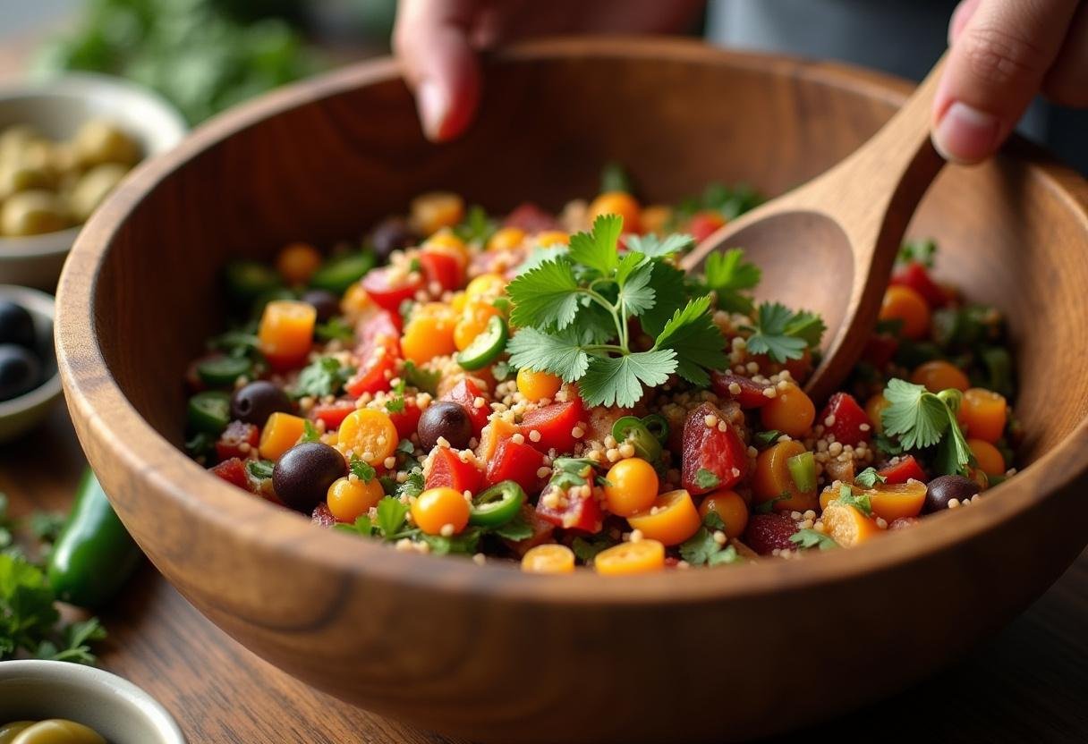 Mixing the ingredients together for Meredith's Taco Salad, showcasing vibrant colors.