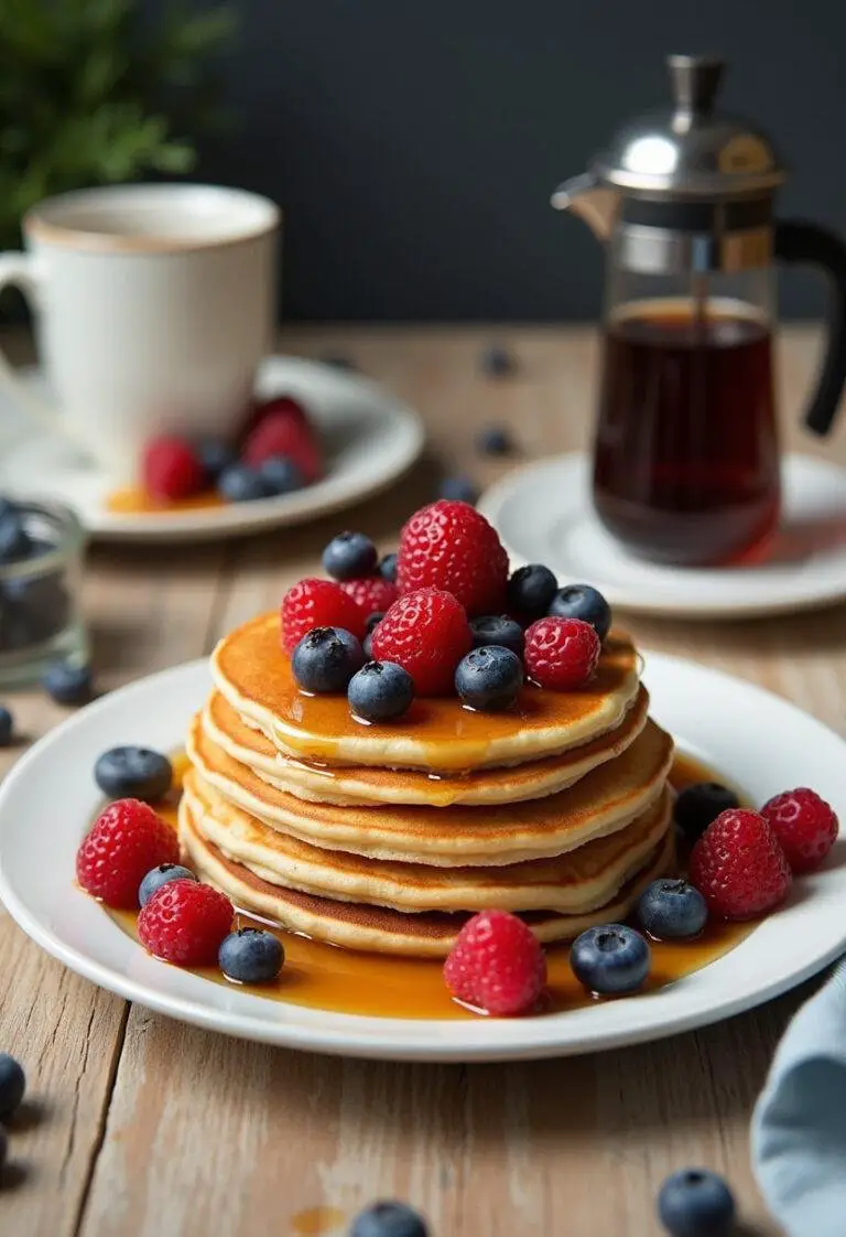 Finished pancake stack for The Office Pancake Breakfast, complete with syrup and berries for a delightful breakfast experience.