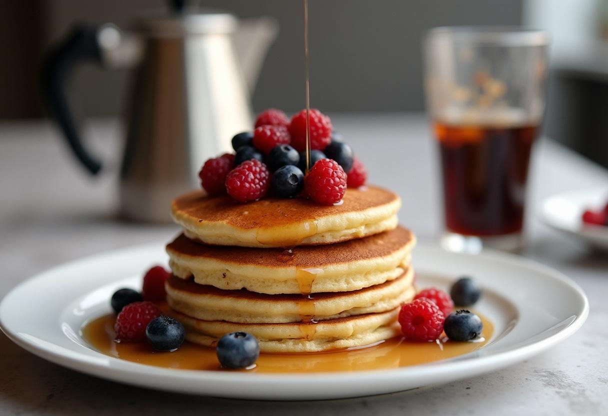 Finished pancake stack for The Office Pancake Breakfast, complete with syrup and berries for a delightful breakfast experience.