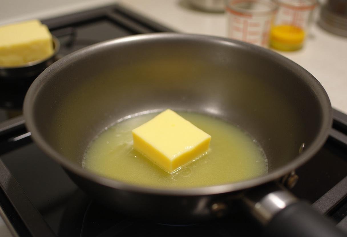 Melting butter in a saucepan for the pancake breakfast preparation in The Office themed cooking.