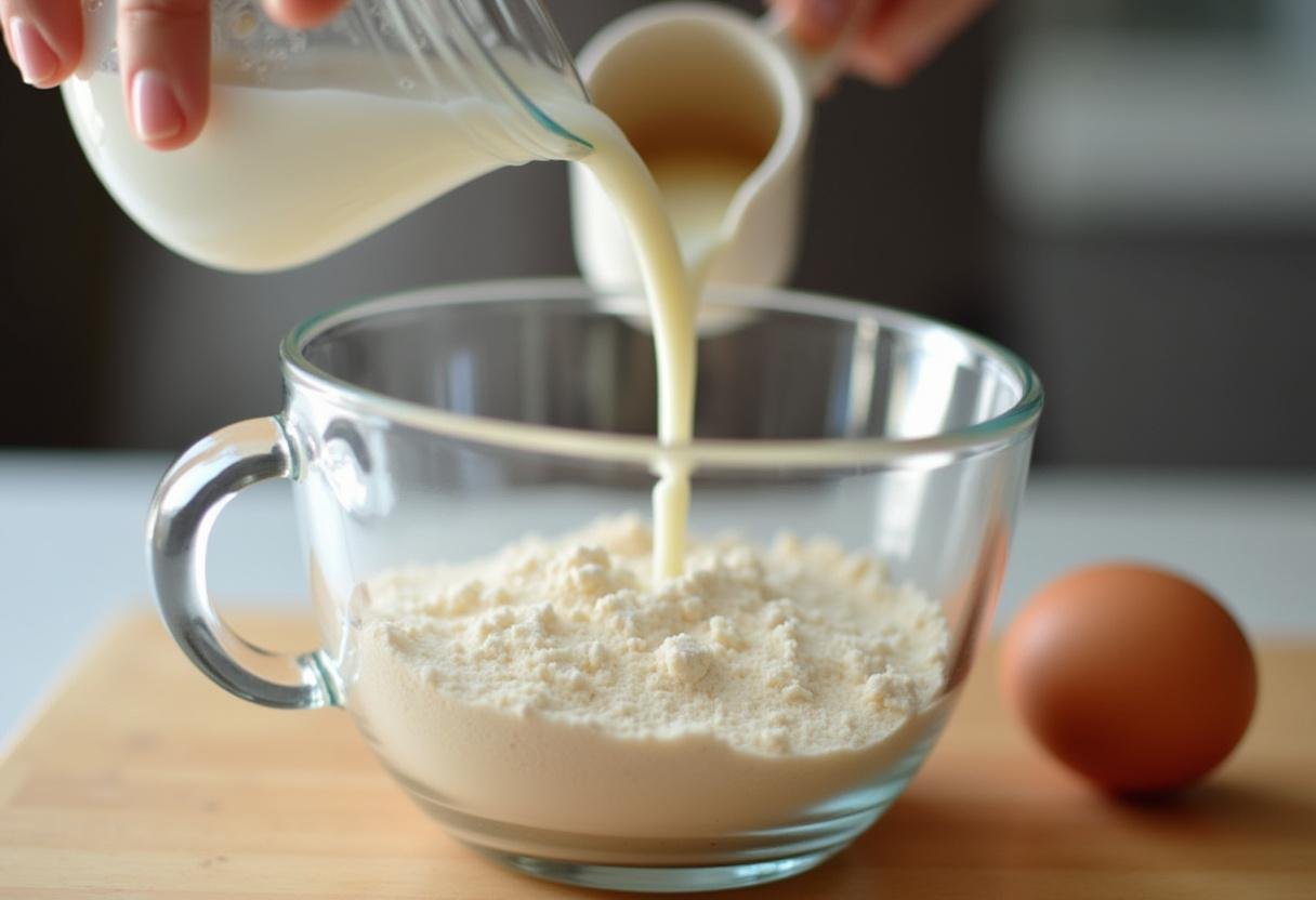 Milk being added to the dry mixture for pancake batter for The Office Pancake Breakfast.