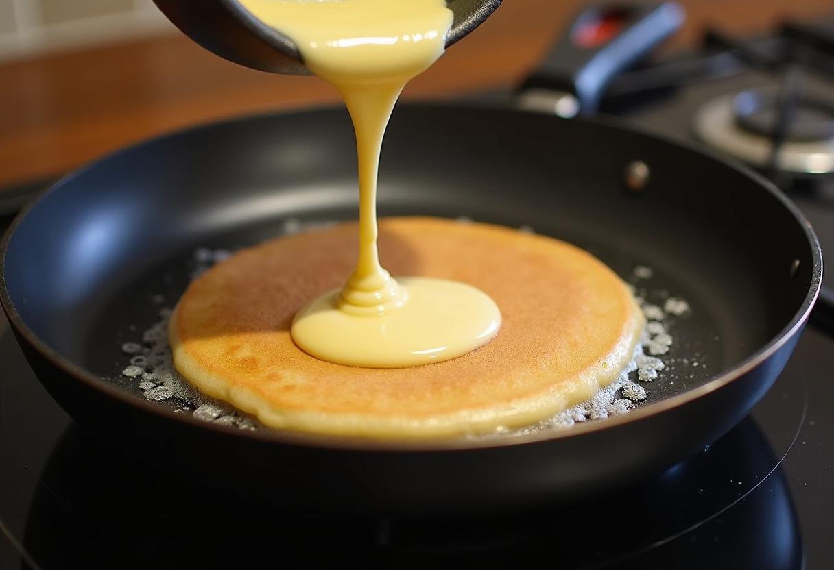 Pancakes cooking in a skillet, showing bubbles forming as part of The Office Pancake Breakfast preparation.