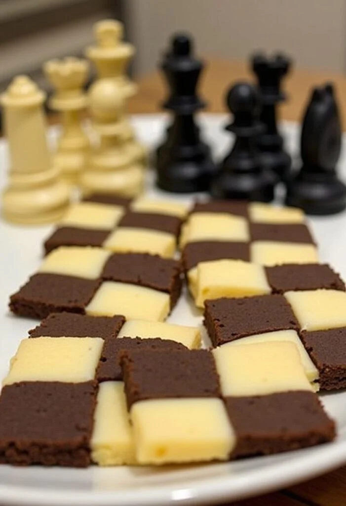 Finished Queen’s Gambit Chessboard Cookies on a platter, perfect for chess enthusiasts.
