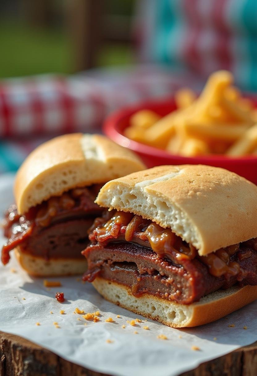 Finished Ribwich Sandwich cut in half, revealing delicious layers and perfect for a fun outdoor meal.