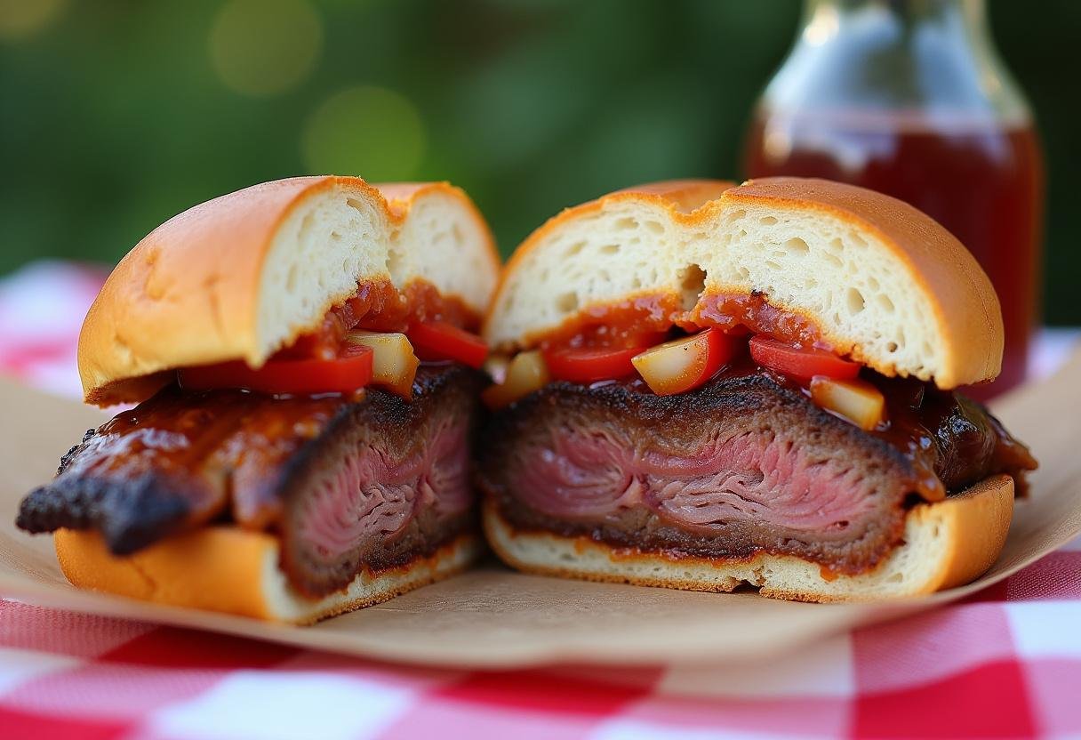Finished Ribwich Sandwich cut in half, revealing delicious layers and perfect for a fun outdoor meal.