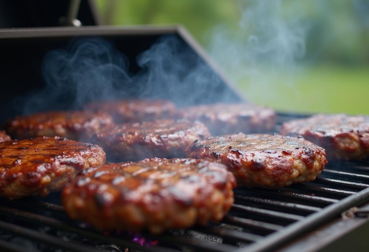 Grilling rib patties for The Simpsons Ribwich Sandwich on a barbecue grill.