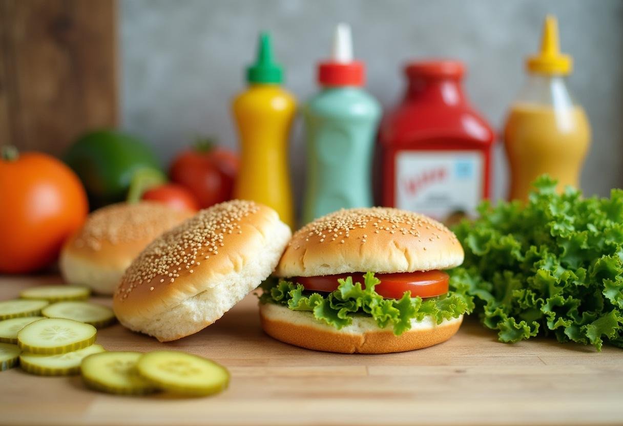 Fresh ingredients lined up for The Simpsons Ribwich Sandwich preparation including buns, lettuce, and pickles.