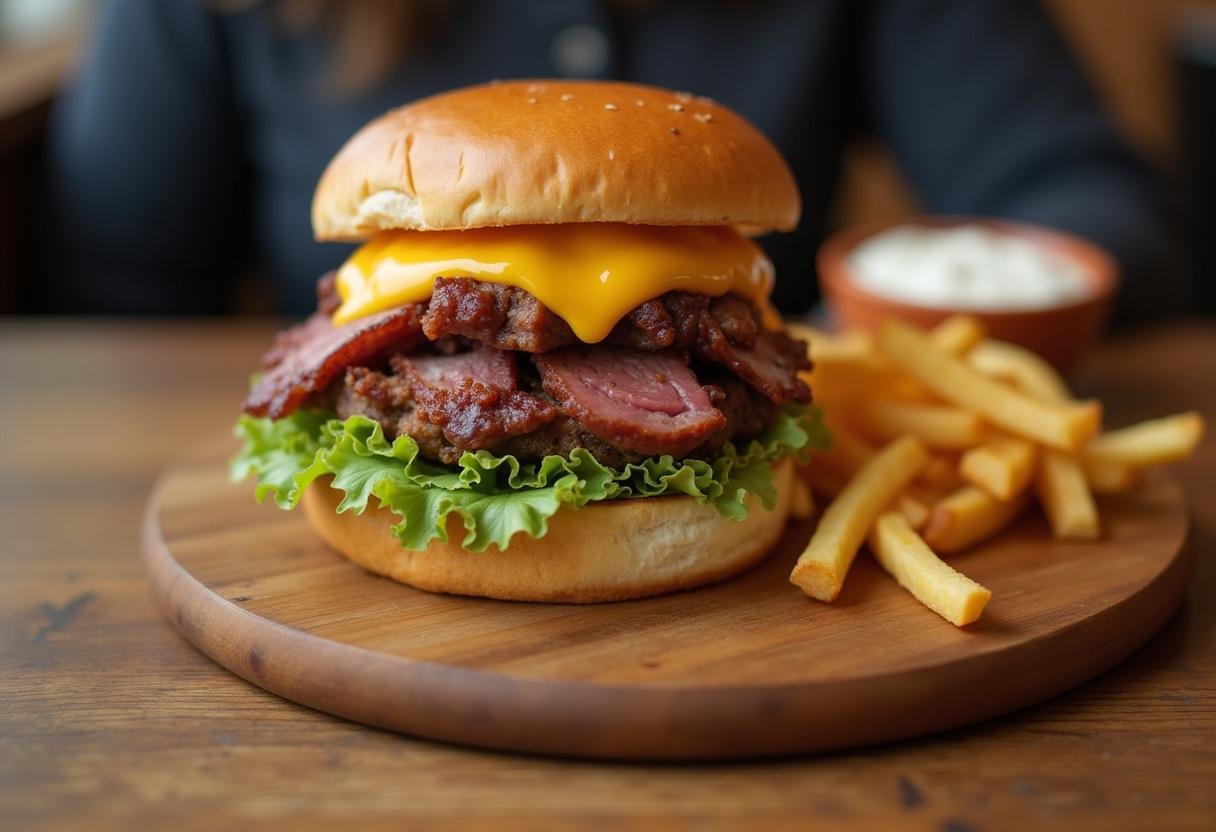 The Simpsons Ribwich Sandwich ready to serve on a wooden board with fries for a tasty meal.