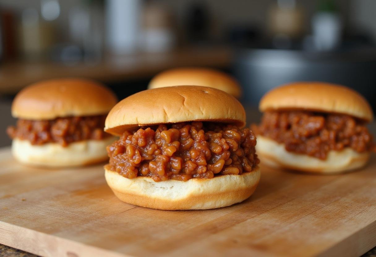 Assembling hamburger buns with filling for The Simpsons Sloppy Joes.