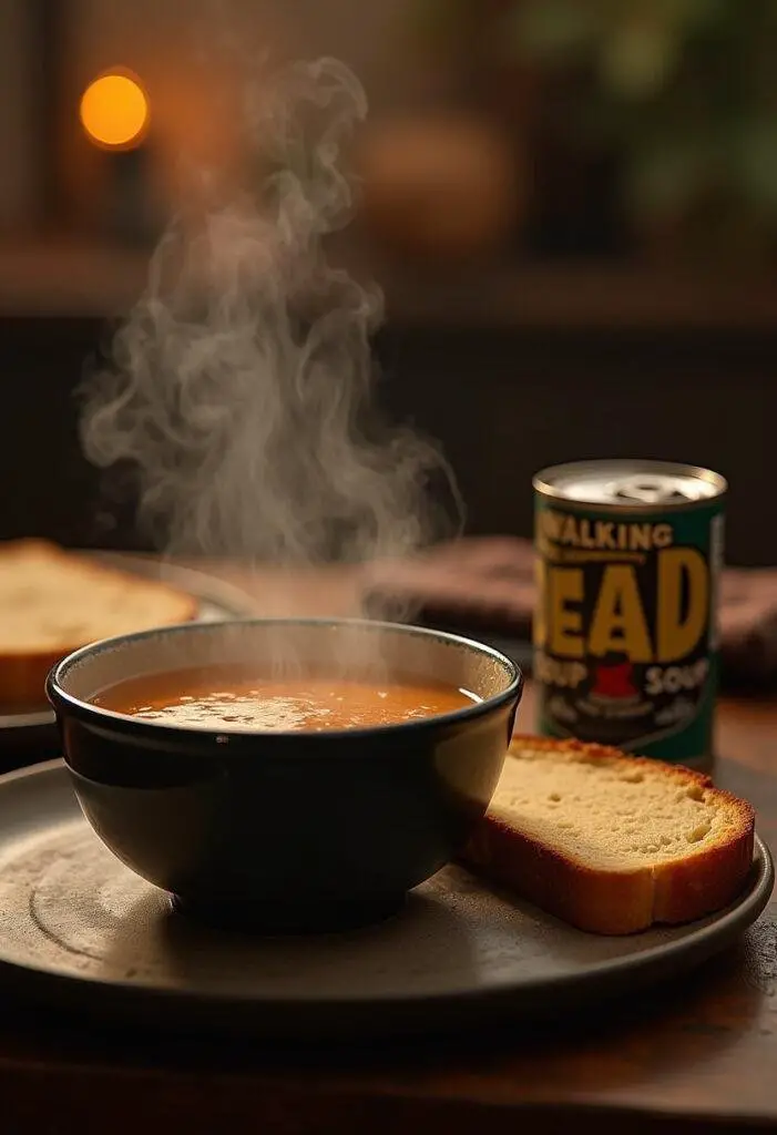 Finished Walking Dead Canned Soup ready to serve in a themed post-apocalyptic environment.