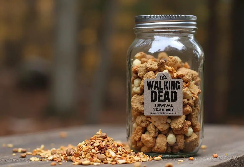 Finished The Walking Dead Survival Trail Mix in a mason jar, perfect for on-the-go snacking.