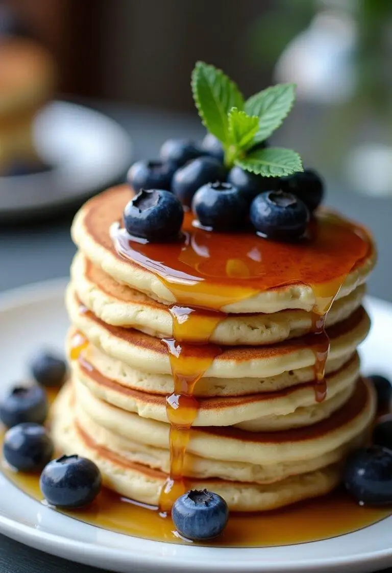 Delicious stack of Bartlet's blueberry pancakes ready to be served for breakfast.