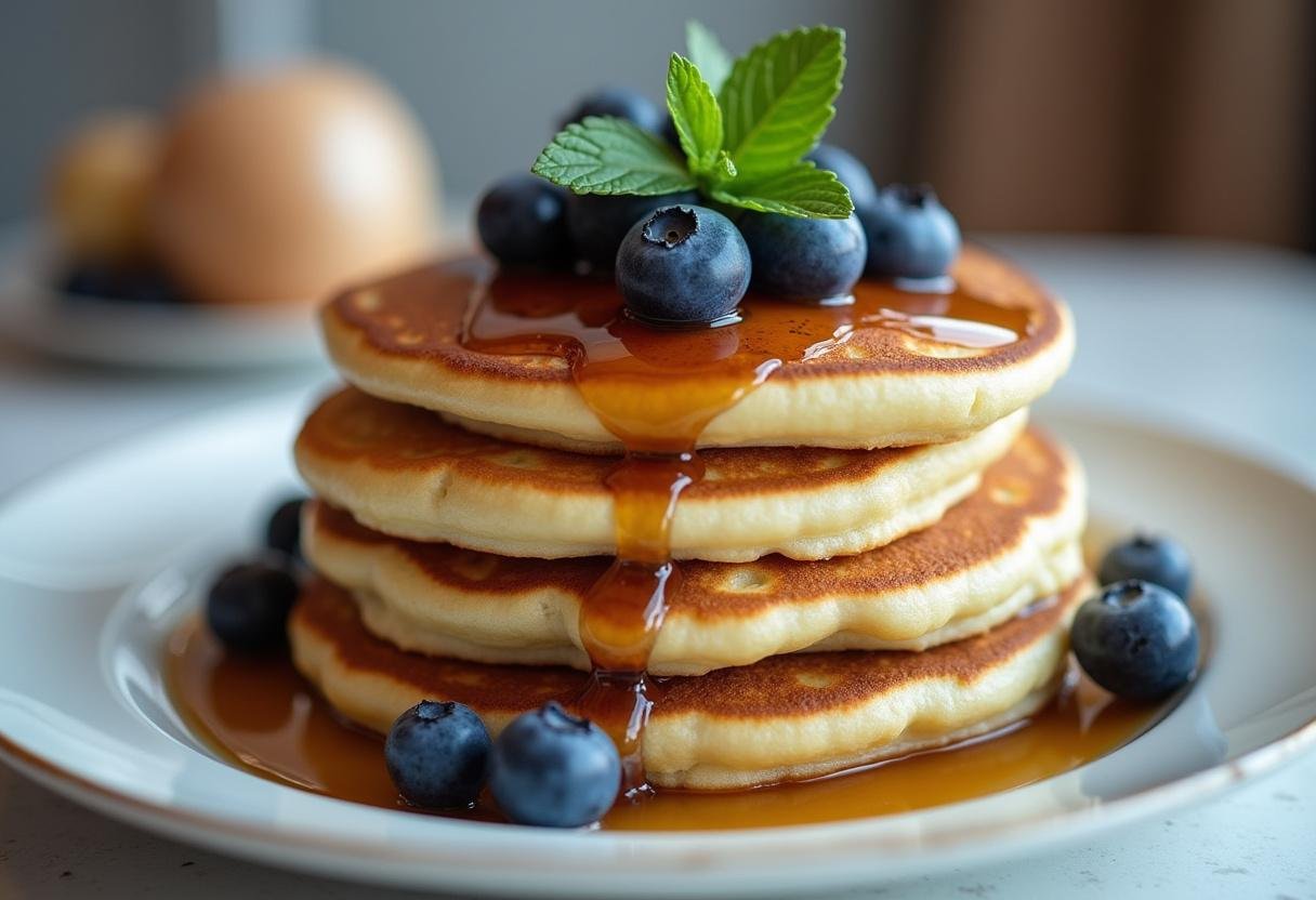 Delicious stack of Bartlet's blueberry pancakes ready to be served for breakfast.