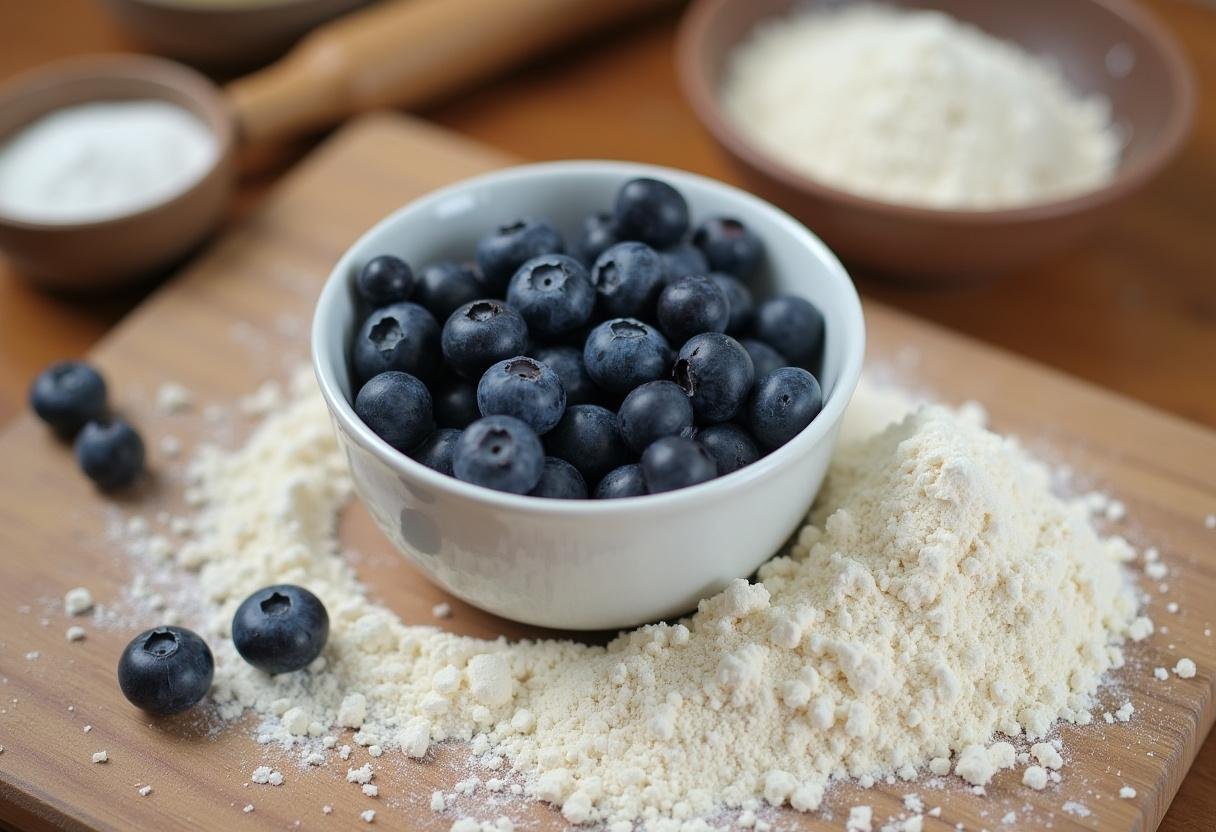 Ingredients for Bartlet's blueberry pancakes including fresh blueberries and flour.